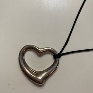 Tiffany & Co Elsa Peretti Sterling Silver Open Heart Pendant w/ Black Silk Cord